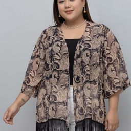 PURYS PLUS Abstract Printed Open Front Tasselled Shrug-4