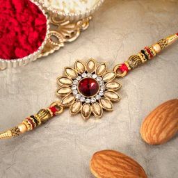 Peora Red Kundan & Crystal Stone Thread Rakhi with Roli Chawal Greeting Card-image-96