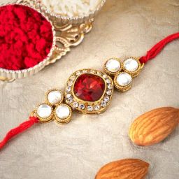 Peora Red Kundan & Crystal Stone Thread Rakhi with Roli Chawal Greeting Card-image-80