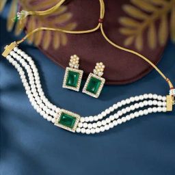 Peora Green - White Gold-Plated Kundan & Beads Choker Earrings Set-15
