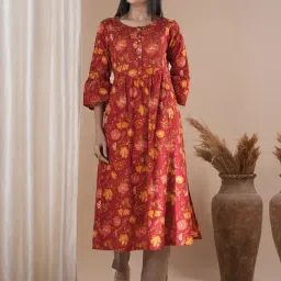 KAMI KUBI Rust Cotton Floral Kurta kurtis-image-97