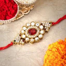 Peora Red Kundan & Crystal Stone Thread Rakhi with Roli Chawal Greeting Card-image-97