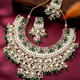 Peora Green Gold-Plated Kundan & Beads Choker Earrings Set-35