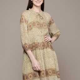 Label Ritu Kumar Women Green & Orange Ethnic Motifs Georgette A-Line Dress-image-58