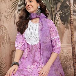 Sangria Floral Print Thread Work Kurta with Salwar & Dupatta-43