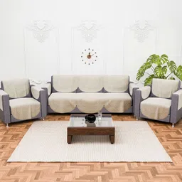 RUBOXA Cream-Coloured & White 16 Pieces Printed Cotton Sofa Covers With Arms-image-7
