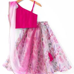 Babyhug Sleeveless Pleated Choli with Floral Printed Lehenga and Dupatta Set - Off White & Pink-image-48