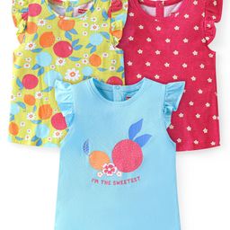 Babyhug Cotton Knit Frill Sleeves Tops with Floral & Fruit Print Pack of 3 - Multicolor-image-87