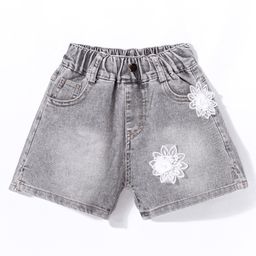 Kookie Kids Denim Shorts with Floral Applique - Black-image-92