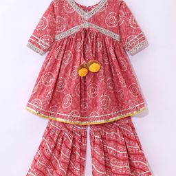 Teentaare Cotton Three Fourth Sleeves Kurta & Gharara Set Bandhani Print with Tassle Detailing - Peach-image-1