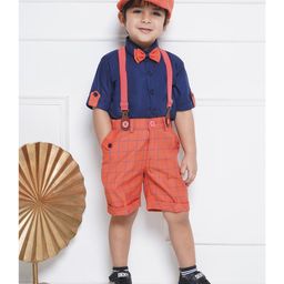 AJ Dezines Cotton Half Sleeves Solid  Shirt With Checked Shorts Bow Cap &  Suspender Set -   Gajri-picture-28