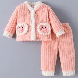 Kookie Kids Full Sleeves Front Open Winter Wear Night Suit With Applique- Pink-picture-5