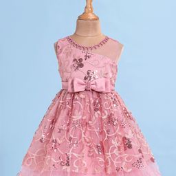 Mark & Mia Sleeveless Sequined Floral Embroidered Party Frock with Bow & Pearl Detailing - Pink-image-66