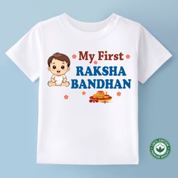 BLUSHES Raksha Bandhan Theme 100% Cotton Half Sleeves My First Raksha Bandhan Text Printed Tee - White-image-91