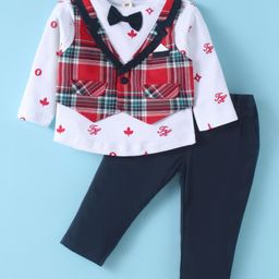 ToffyHouse Knit Full Sleeves Checks & Printed T-Shirt & Trouser Set With Attached Waistcoat & Bow Applique - Red White & Navy Blue-image-85