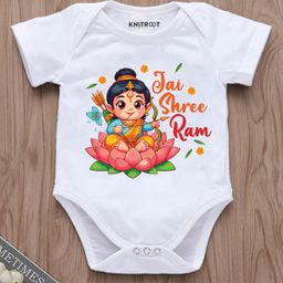KNITROOT Dussehra Theme Half Sleeves Jai Shree Ram Text Printed Onesie - White-picture-13