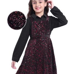 Hola Bonita Knit Knee Length Sequined Velvet Party Pinafore with Full Sleeves ShimmeredCollared Top - Black-image-79