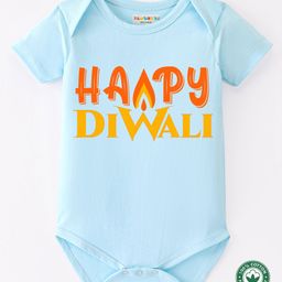 BLUSHES Diwali Theme 100% Cotton Half Sleeves Happy Diwali Text Printed Onesie - Powder Blue-picture-9
