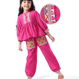 EARTHY TOUCH Woven Full Sleeves Embroidered Indo Western Set - Dark Pink-image-38