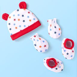 Babyhug Interlock Knit Caps Mittens & Booties With Star Print & Ear Applique - White-20
