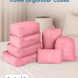 Packing Cubes 7 Pieces Travel Luggage Packing Organizers Set with Toiletry Bag - Pink-image-14