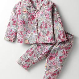 Doreme Cotton Knit Full Sleeves Co-ords Night Suit with Floral Print - Pink & Grey-image-15