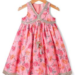 Babyhug Cotton Cambric Woven Sleeveless Floral Printed Ethnic Dress with Tassle & Sequin Detailing - Pink-image-24