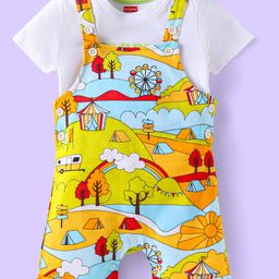 Babyhug Single Jersey Knit Half Sleeves T-Shirt & Dungaree with Funfair Theme Print - Multicolor-image-46