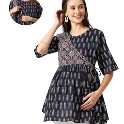 Mom for sure by Ketki Dalal 100% Cotton Woven Half Sleeves Floral Printed Maternity Top With Nursing Access - Black-image-81