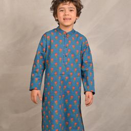 Anthrilo 100% Cotton Full Sleeves Floral Printed Kurta - Blue-image-13