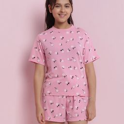 Lil Tomatoes Cotton Jersey Knit Half Sleeves Floral Printed Coordinating Night Suit Set - Pink-image-71