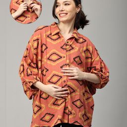 The Mom Store Cotton Three Fourth Puffed Sleeves Abstract Printed Shirt Style Top With Nursing Access - Multi Colour-image-19