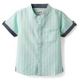 Babyhug 100% Cotton Half Sleeves Striped Shirt With Mandarin Collar - Aqua Blue-image-38