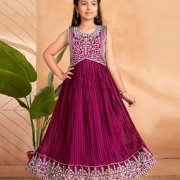 Aarika Silk Woven Sleeveless Floral Embroidered & Mirror Work Detailed Gown - Purple-image-60