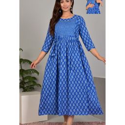 NEVISHA STYLE Cotton Woven Three Fourth Sleeves Ethnic Motifs Printed Maternity Kurta With Concealed Zipper Nursing Access - Blue-image-123