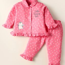 CUCUMBER Sinker Knit Full Sleeves Co-Ord Night Suit with Snowflakes & Penguin Print & Frill Detailing - Dark Pink-image-71