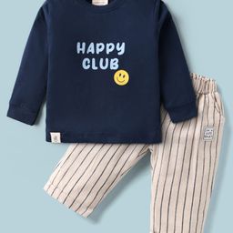 Ollypop Sinker Knit Full Sleeves Text Printed T-Shirt & Striped Pant Set - Blue-image-37