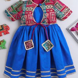 TINY MINY MEE Cotton Woven Mirror Work Embellished Dress With Half Sleeves Damask Embroidered Jacket Set - Blue-image-11