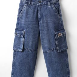 Olio Kids Denim Woven Full Length Solid Colour Jeans With Cargo Pockets - Navy Blue-picture-4