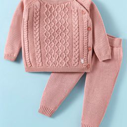 ToffyHouse Knitted Raglan Full Sleeves Cable Knit Sweatshirts & Lounge Pant Set - Dark Peach-image-9