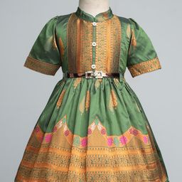 Enfance Half Sleeves Floral Printed Knee Length Pattu Pavadai Dress With Belt Set - Green-image-33