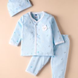 Simply Sinker Knit Full Sleeves Co-ord Night Suit & Cap with Rabbit Print - Light Blue-picture-22