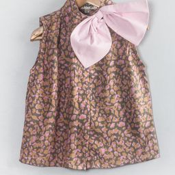Hugsntugs Cotton Woven Sleeveless Abstract Printed Bow Applique Detailed Top - Brown-image-48