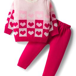Babyhug Knitted Full Sleeves Pullover Sweater Set With Heart Design - Pink-picture-9