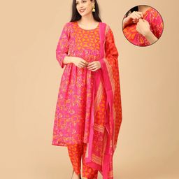 The Mom Store Cotton Knit Three Fourth Sleeves Floral Printed Maternity & Side Zipper Nursing Access Kurta With Pant & Dupatta Set - Fuchsia-picture-1
