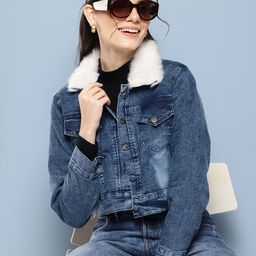 Aarika Washed Faux Fur Collar Detail Cropped Denim Jacket-picture-13