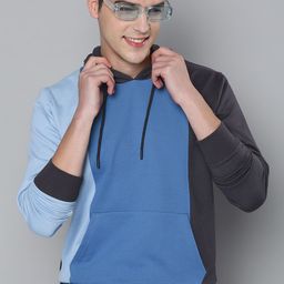 HERE&NOW Men Charcoal Grey & Blue Colourblocked Hooded Sweatshirt-picture-34