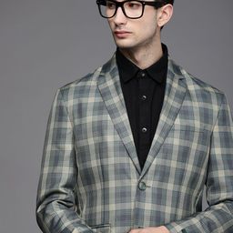 Peter England Elite Men Blue & Beige Slim Fit Checked Single-Breasted Formal Blazer-image-16