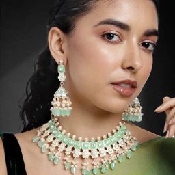Peora Traditional Mint Green Gold-Plated Kundan & Beads Choker Earrings Set-34