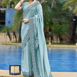 Satrani Blue Silk Embroidered Saree With Unstitched Blouse-image-32